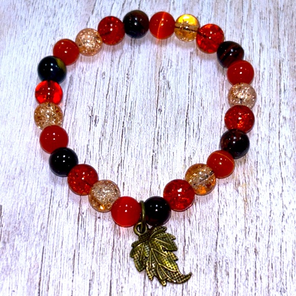 Handmade Fall Leaf Charm Bracelet with Natural Tiger & Cat Eye! - Picture 2 of 6
